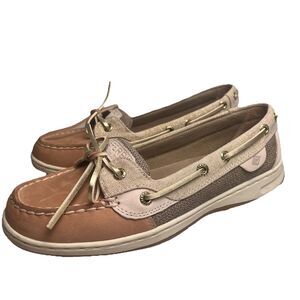 Sperry Top Sider Angelfish Boat Shoe Linen & Gold Size 7.5 Slip on Loafer EUC